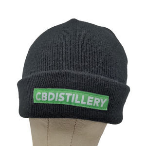 CBDistillery Men's Knit Beanie Hat Black Patch Logo 100% Acrylic